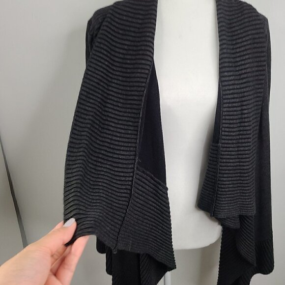 Women's Charcoal Gray Ribbed Open Front Lapel Collar  Drape Cardigan Sweater - Picture 2 of 5